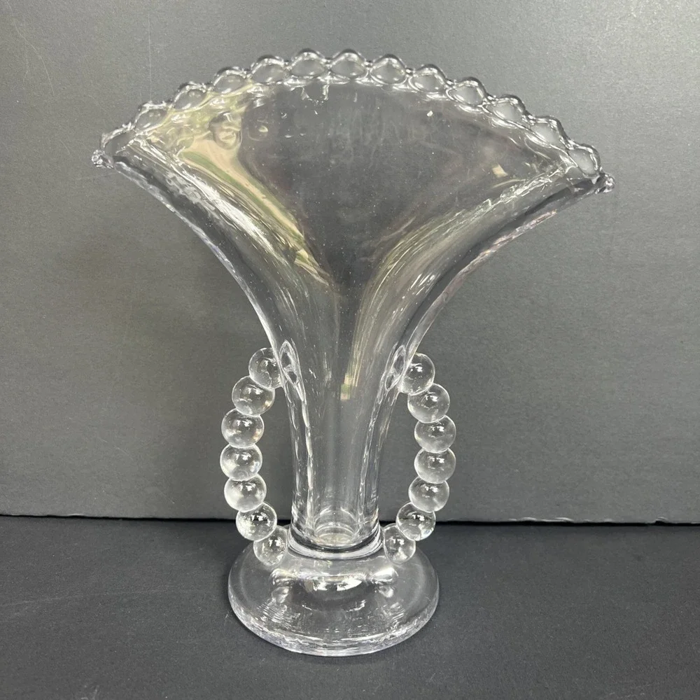 VTG Imperial Candlewick Fan Vase Detached Bead Handles Clear Glass 8.5